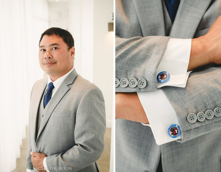 best man wearing gray suite and vest and super hero cuff links for la jolla wedding