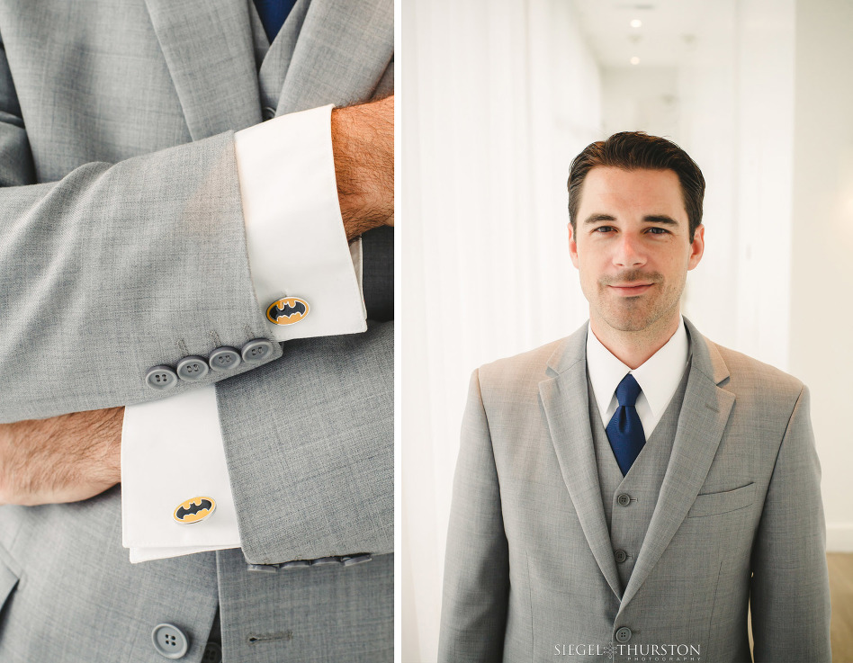 best man wearing gray suite and vest and super hero cuff links for la jolla wedding