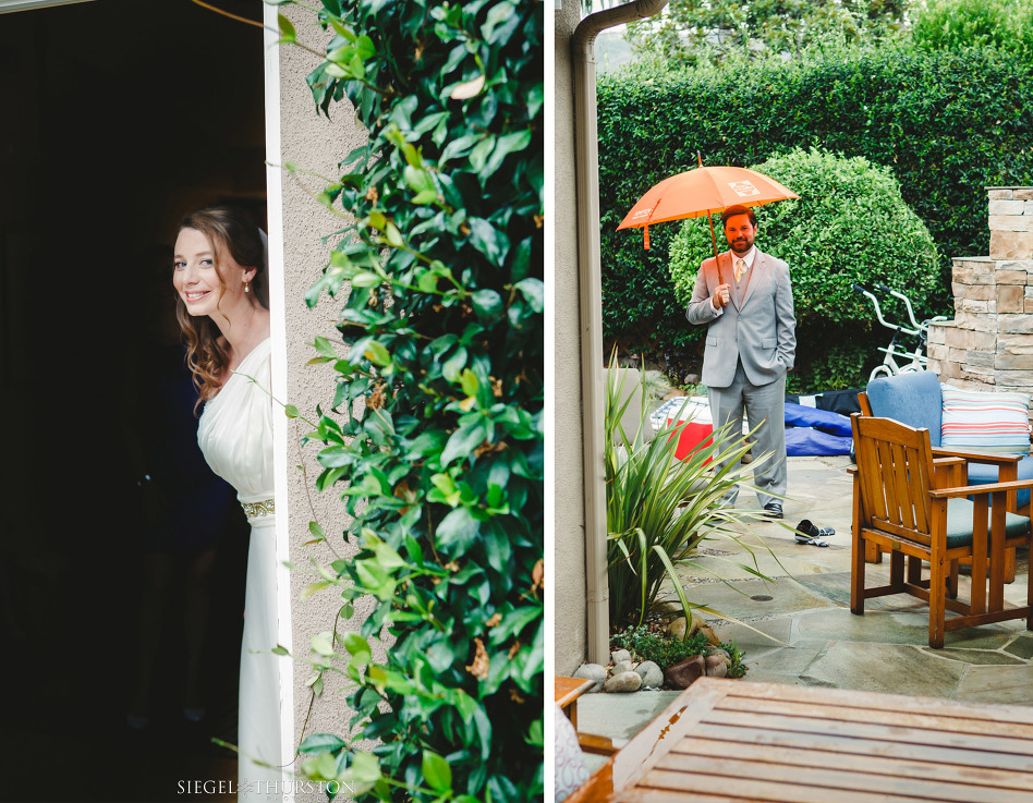 Bride and groom holding hands around a corner before their wedding ceremony but not seeing one another