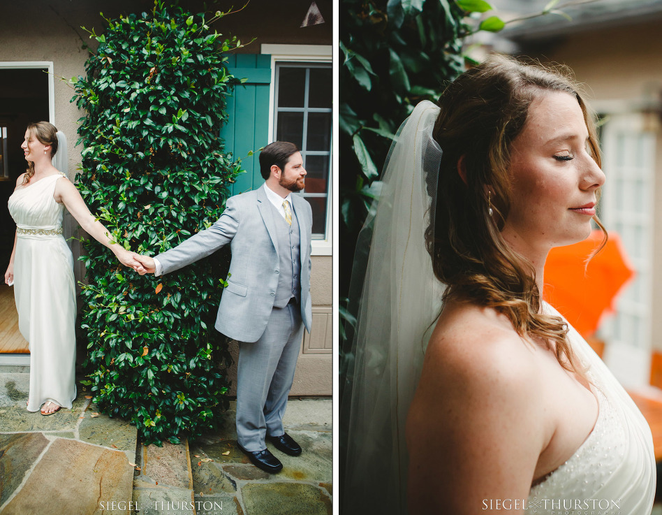 Bride and groom holding hands around a corner before their wedding ceremony but not seeing one another