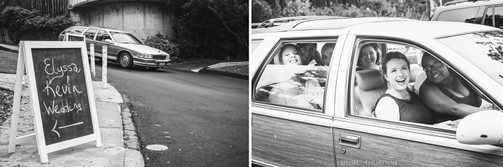 bride showing up to her wedding in vintage station wagon