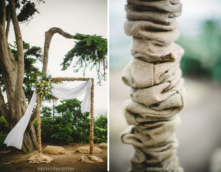 outdoor wedding ceremony burlap alter at the Martin Johnson house in la jolla california