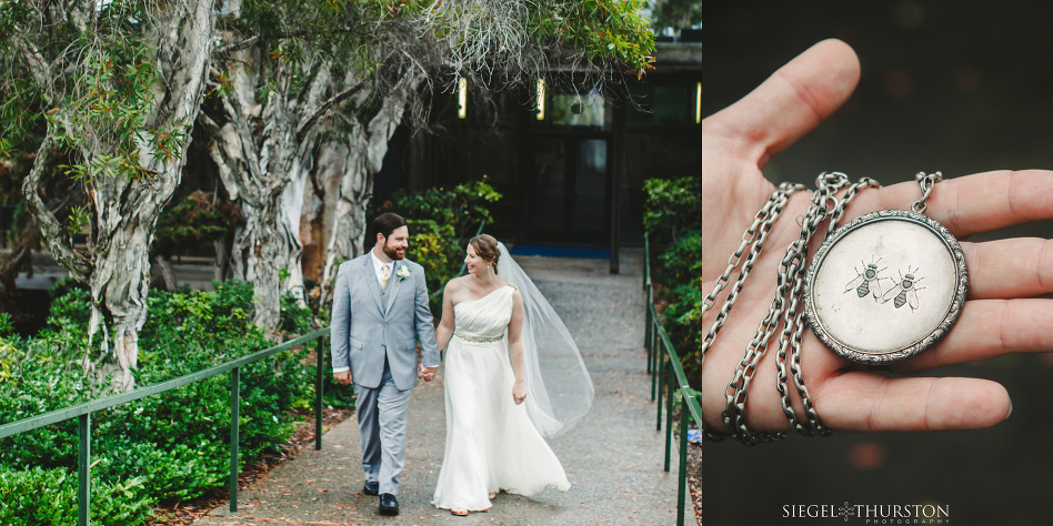 bride and groom walking at La Jolla Scripps wedding