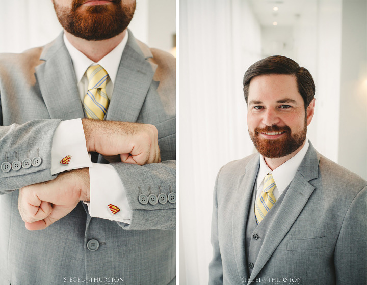 groom wearing gray suite and vest and super hero cuff links for la jolla wedding