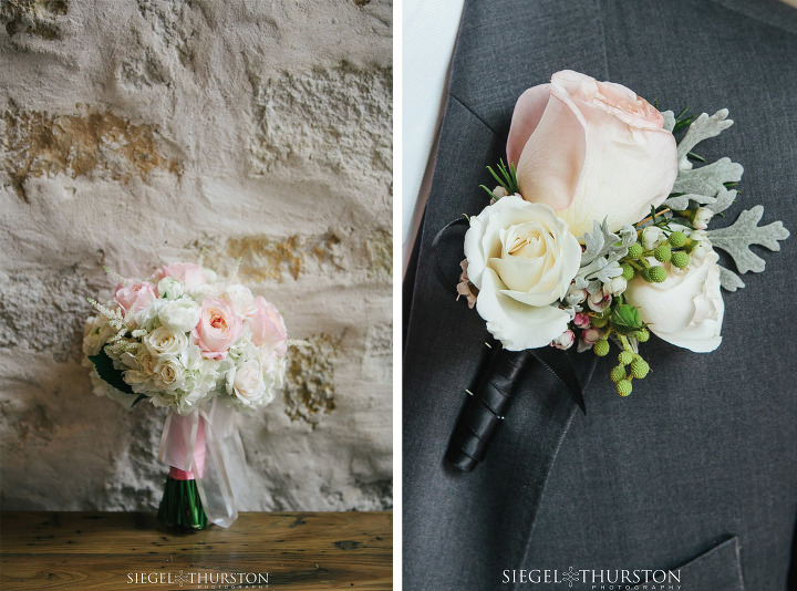 blush color wedding bouquet and matching boutonniere