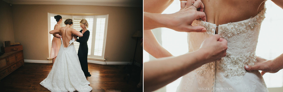 Dallas Wedding bride getting into her lace wedding dress