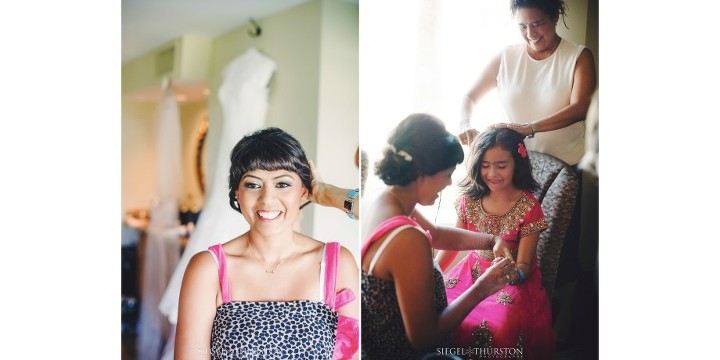 bride getting ready for her indian american wedding in the bridal suite of The Dana on Mission Bay