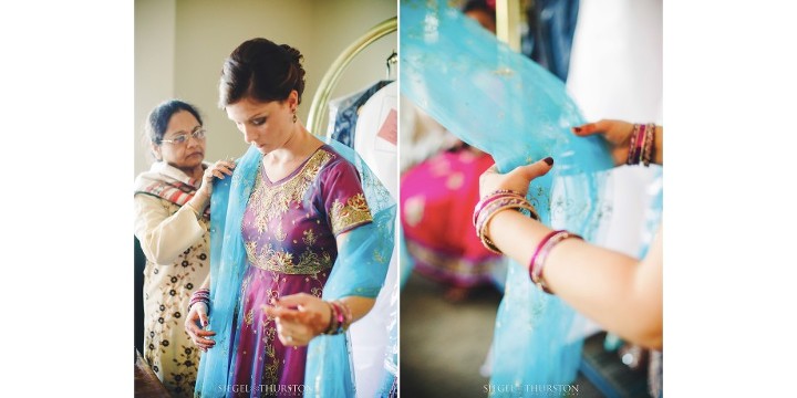 aunt helping the bridesmaids with their saris for Indian American wedding