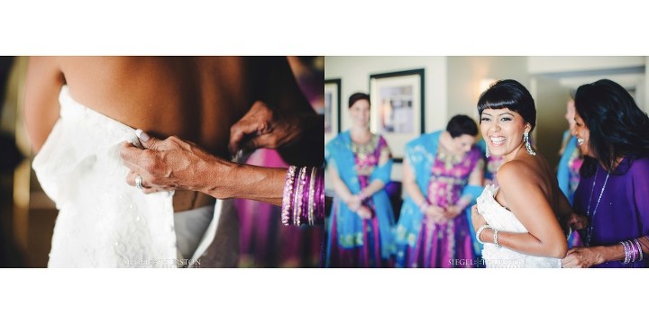 bride getting ready for her indian american wedding in the bridal suite of The Dana on Mission Bay