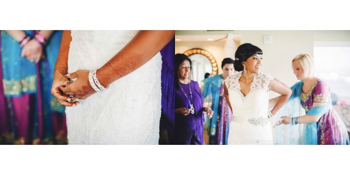 Bride putting on her lace keyhole wedding dress before her Indian American Wedding at The Dana Mission Bay