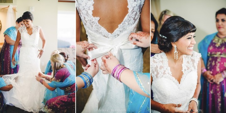 Bride putting on her lace keyhole wedding dress before her Indian American Wedding at The Dana Mission Bay