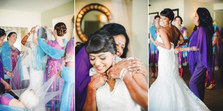 Bride putting on her lace keyhole wedding dress before her Indian American Wedding at The Dana Mission Bay