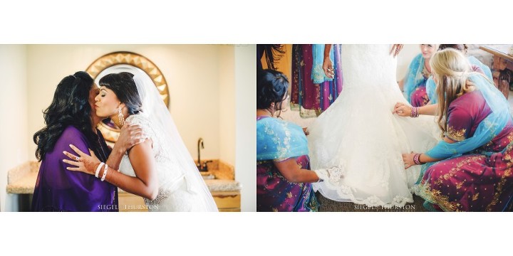 Bride putting on her lace keyhole wedding dress before her Indian American Wedding at The Dana Mission Bay