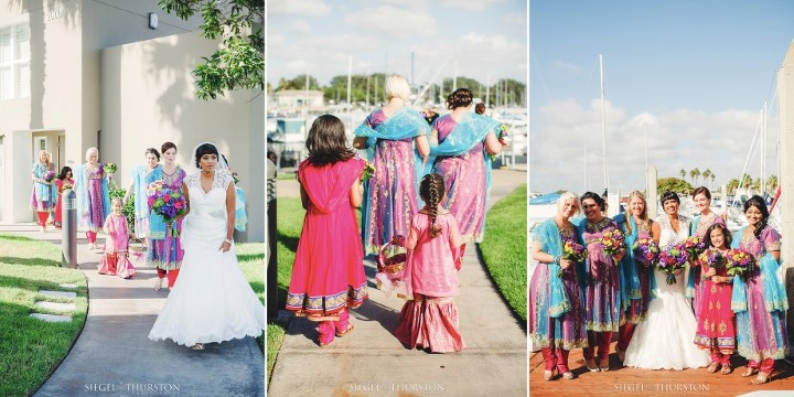 bridesmaids wearing colorful saris for Indian American wedding Mission Bay San Diego
