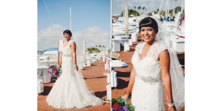 Bride wearing a beautiful lace key hole wedding dress at The Dana on Mission Bay San Diego