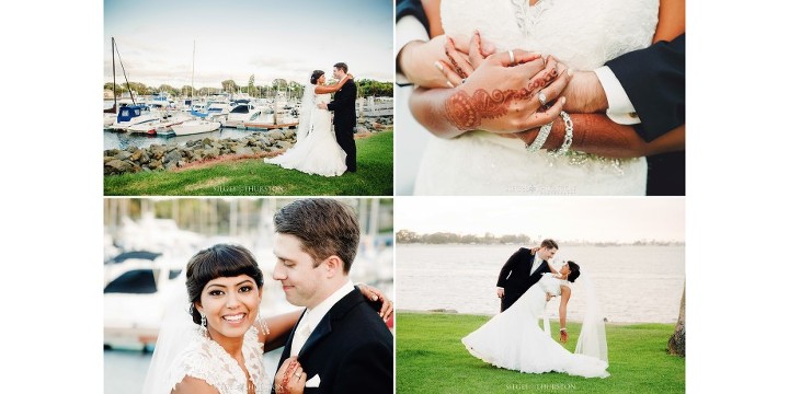 Multicultural wedding portraits on Sunset Park at The Dana on Mission Bay