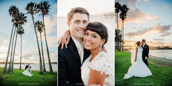 Multicultural wedding portraits on Sunset Park at The Dana on Mission Bay