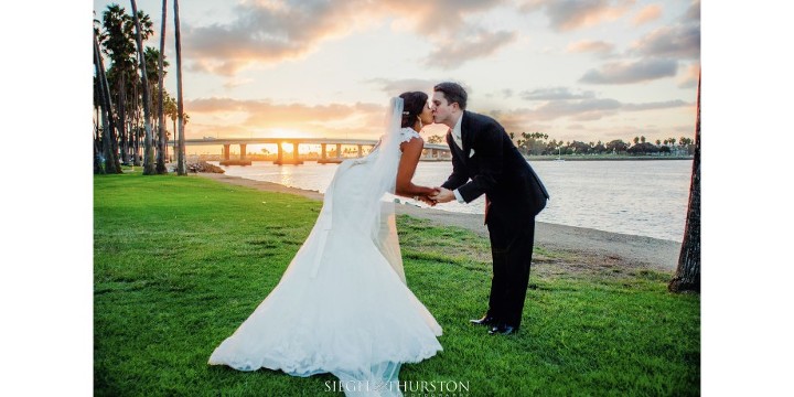 Multicultural wedding portraits on Sunset Park at The Dana on Mission Bay