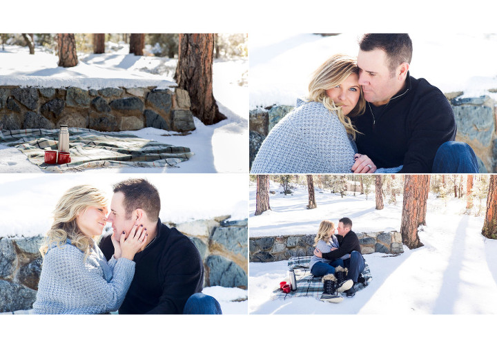 cute winter snow engagement photos with hot chocolate and a blanket