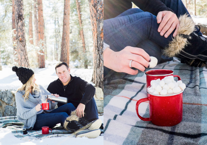 cute winter snow engagement photos with hot chocolate and a blanket