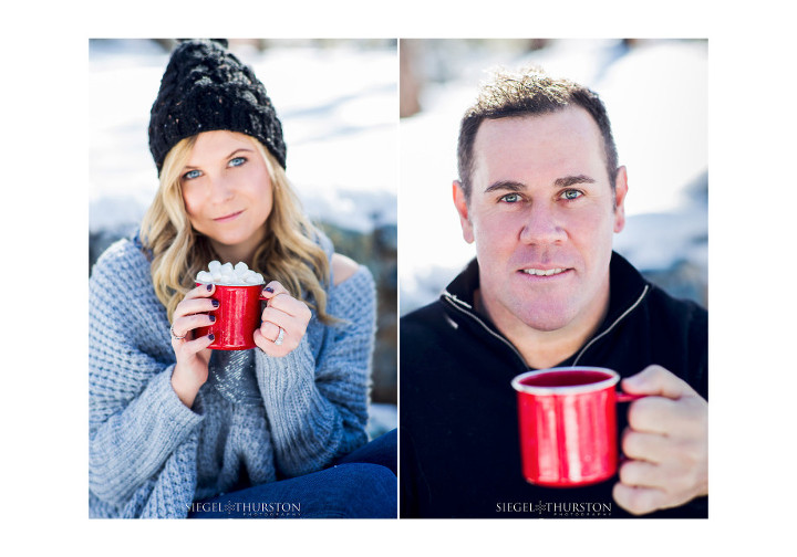 Winter engagement photos with red camping mugs and hot chocolate