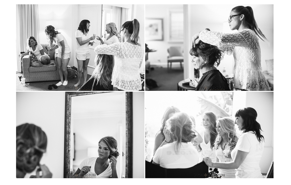 bride and her bridesmaids getting ready