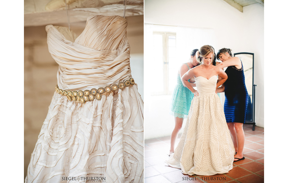 bride getting into her sweet heart wedding dress at leo carriillo ranch