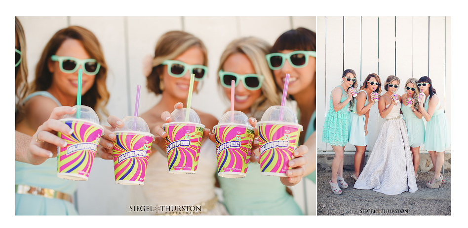 bride and her bridesmaids in mint ray bans and sipping slurpees